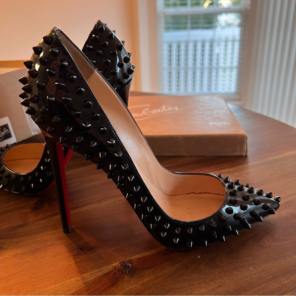 Christian Louboutin Black Patent Spike-Stud Pumps with Red Sole